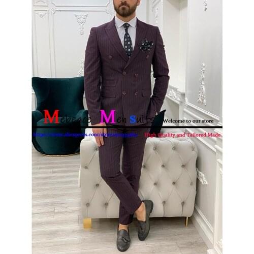 2021 Mens Striped Blazer Suits 2 Piece Formal Slim Fit Double-Breasted Groomsmen Tuxedos For Wedding Suits For Men (Blazer+Pant)