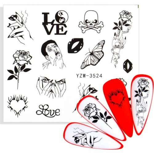 Black Skull Butterfly Nail Water Stickers Heart Sexy Lips Transfer Sliders English Gothic Design DIY Nails Art Tips Decals