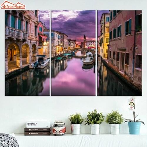 ShineHome-3pcs Wall Art Canvas Print Oil Painting Style Triptych Modular Purple Venice Water City Picture Printing Home Deco Art