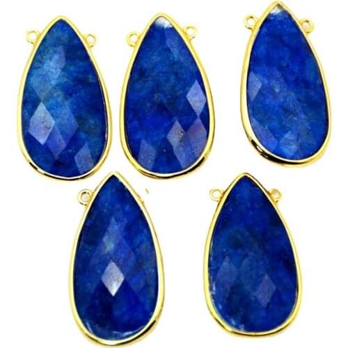 Natural lapis lazuli Pendant Teardrop connector 30x15mm handmade gold bezel Gem stone Charm blue stone jewelry