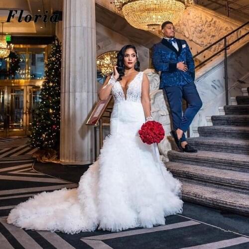 African Luxury Mermaid Bride Dress Tiered Middle East Long Sleeves Vestidos De Noiva Appliques Black Girl Bridal Weddings Gowns