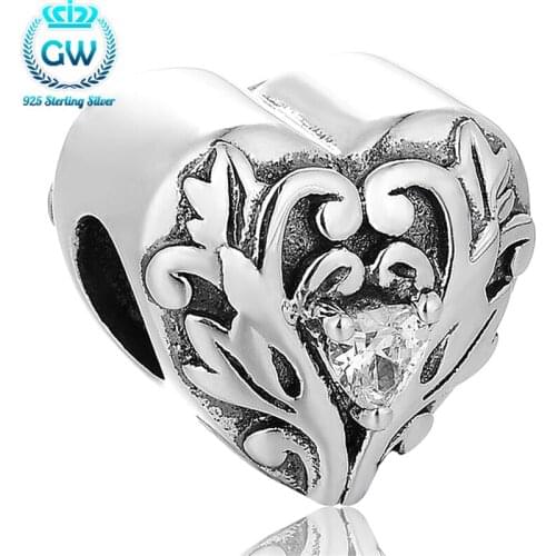 GW Sterling Silver Jewelry Heart Leaf Antique Charm Big Crystal Stone Bracelet Lovers ValentineS Day X415