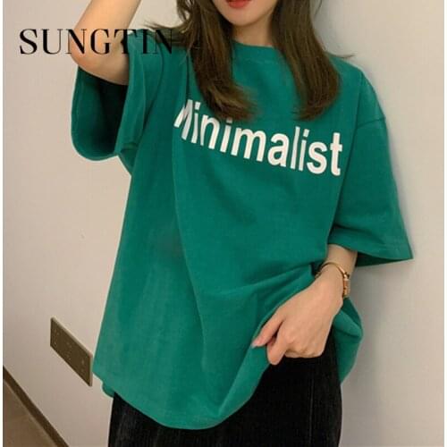 Sungtin Summer Oversized Minimalist Letter Tees for Women Korean Loose Green Tops Vintage Streetwear Loose Harajuku Tshirts 2021