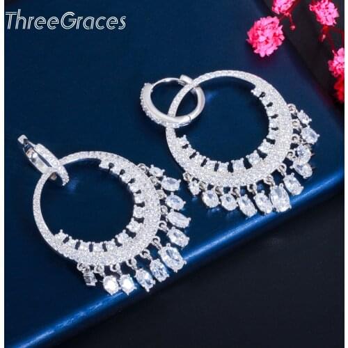 ThreeGraces Elegant Wedding Engagement Tassel Drop Earrings for Women Shiny Cubic Zirconia Dangle Chandelier Party Jewelry ER547