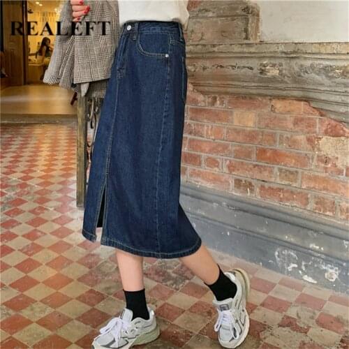 REALEFT Women A-Line Denim Skirt Fashion Korean Style High Waist Slim Lady Midi Skirts Front Split Skirts Women 2020 New SSK080