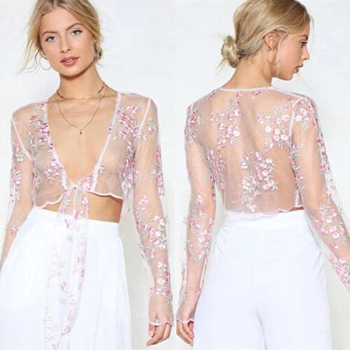 Women Summer New Charming Lace Crochet Shirts Cover Up Casual Blouses Swimwear Long Sleeve Beachwear Ladies Girls Clothes