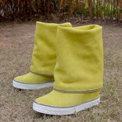Bottes Femme 8CM Height Increasing Platform Yellow Mid Calf Boots Woman Leather Riding Short Winter Wide Boots Wedges Snow Botas