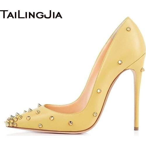 Pointed Toe Studs Women Party Heels Shoes Woman Pumps Yellow Ladies Brand Fashion Nude High Heel Handmade Factory Directly Sell