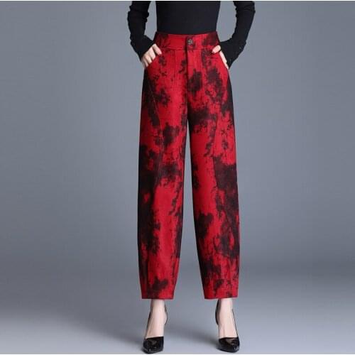 Winter Fall Vintage Womens High Waisted Wide Leg Printed Lantern Ankle Length Pants , Woman Floral Pattern Red Black Trousers