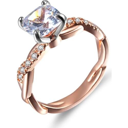 Womens Rose Gold Color Ring Intersecting Shape Square CZ Cubic Zirconia Round Ring Bride Classic Wedding Jewelry For Women