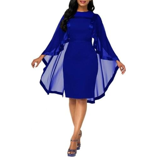 Plus Size Women Cape Dress Cloak Sleeves Mesh Patchwork Autumn Solid Color O Neck Elegant Evening Party Bodycon Dress Wedding