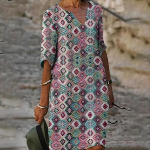 Fashion Summer Women Dress Floral Print V Neck Summer Half Sleeve Loose Dress Short Sleeve Sundress Casual for Beach
