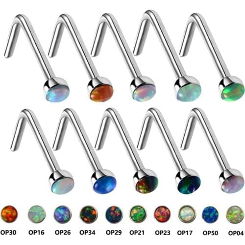 10pcs/lot Mixed Opal Surgical Steel Nose Ring L Shape Nose Studs Ear Cartilage Helix Bone Piercing Wholesale Body Jewelry 20g