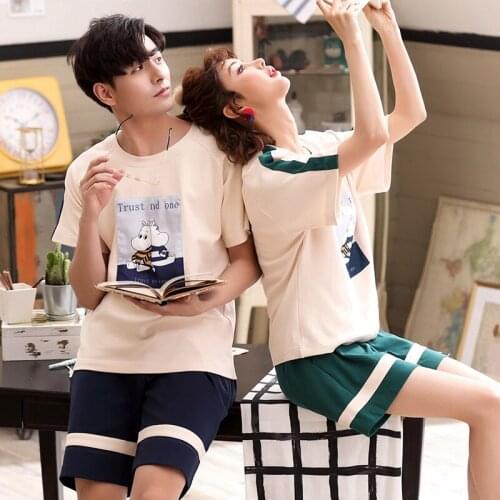 2020 Couple Pajama Set Summer Pyjama Femme Male Cotton Short Sleeved Men And Women Sleepwear Stich Pijama Casual Lover Home Wear