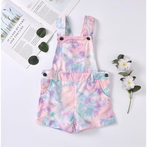 2021 Tie-Dye Printed Lovely Kids Girls Overalls Shorts Sleeveless Button Pocket Straight Trousers 1-6Y
