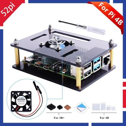 52Pi Dark Brown / Clear Acrylic Case for Raspberry Pi 4 Model B, Case with Cooling Fan for Raspberry Pi 4B / 3B+ / 3B /2B Board