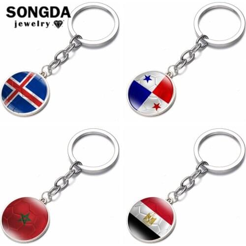 SONGDA Brand Countries Flag Glass Gem Handmade Keychain Iceland Morocco Panama Egypt Flag World Football Game Key Chain Fan Gift