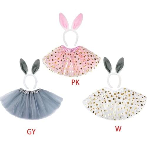 Kids Girls Easter Rabbit Cosplay Costume Glitter Polka Dot Gold Sequin Layered Tulle Tutu Skirt with Bunny Ears Headband