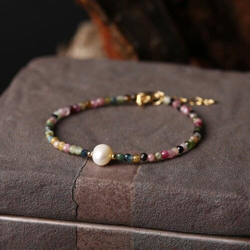 LJHMY Natural Tourmaline Stone Fresh Water Pearl Bracelet His and Hers Luxury Bracelets for Women Gold