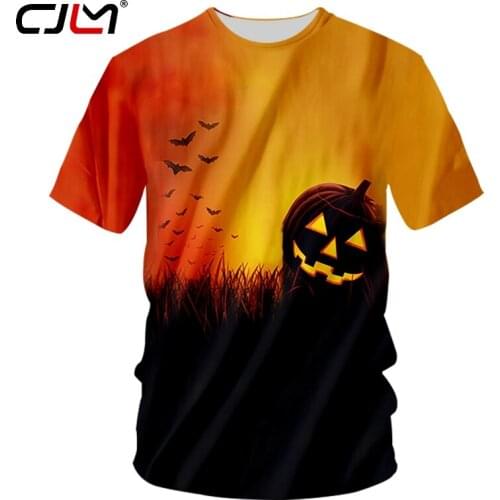 CJLM 3D Printed Bat And Yellow Scenery Polyester Trend Tee Shirt Large Size 6XL Halloween Devil Pumpkin Mens O Neck Tshirt