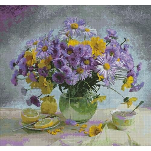 Flower Purple and Yellow Bouquet Embroidery High Quality Needlework 14CT Unprinted Cross Stitch Kits DIY Handmade Home Decor