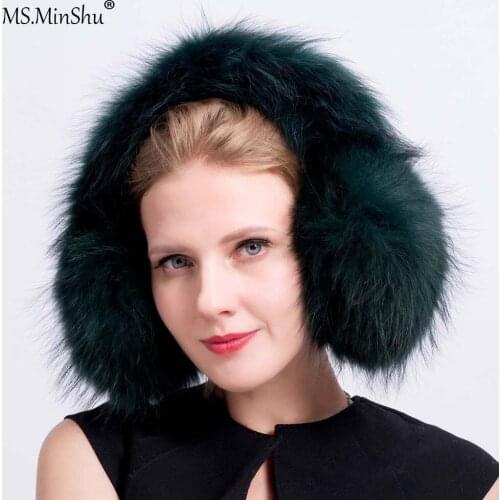 MS.MinShu Unisex Genuine Raccoon Fur Earmuff Winter Ear Warmer Fluffy Fox Fur Earflap Fashion Ear cover Neck Wamer
