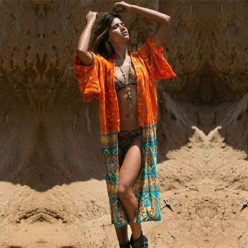 New Arrivals Beach Cover up Chiffon Print Long Swimwear Robe de Plage Swimsuit Cover ups Ethnic Beachwear Saida de Praia #Q207