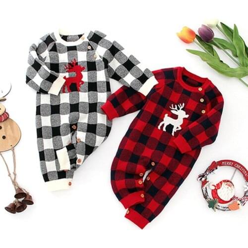 Autumn Winter Christmas Baby Boys Girls Grid Long Sleeve Deer Rompers Clothes Baby Boy Girl Kids Knitting Rompers