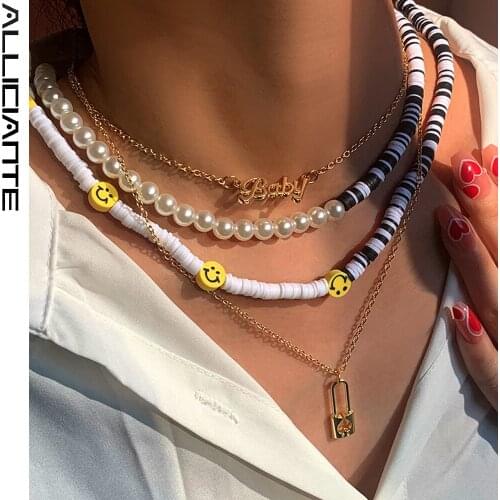 Bohemia Smiley Baby Asymmetry Clay Beaded Necklace For Women Soft Pottery Bead Hollow Heart Lock Layered Necklaces Party Jewelry