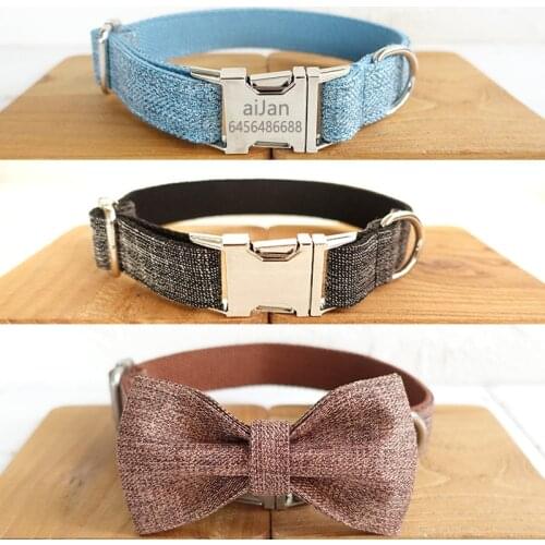 Personalized Dog Collar Name ID Tag Engraved necklace Bow tie Nylon Collars for Small Medium Large Dogs Puppy Collar Adjustable