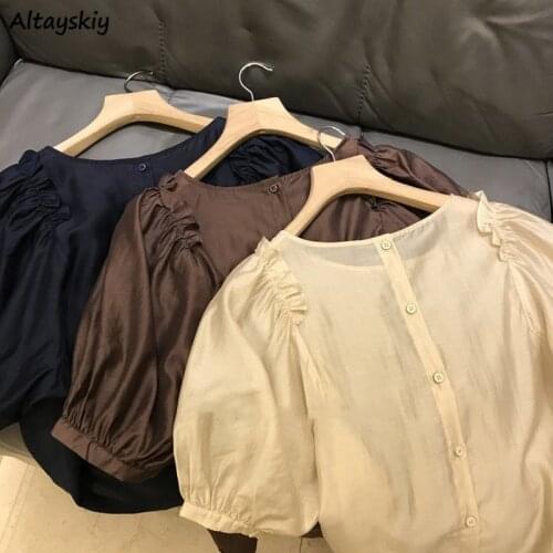 Shirts Women Sweet Puff Sleeve Thin Female Clothing Soft Elegant Casual Solid Japanese Style Loose Breathable Simple Ladies Tops