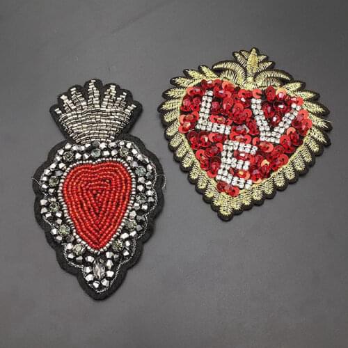 Handmade Beaded Diamond Heart Badges Crystal Applique Rhinestones Patches for Hats Clothes Decorated Craft Sewing Appliques