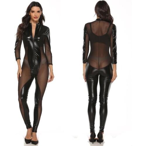 Sexy Women Faux Leather Mesh Jumpsuit Catwoman Catsuit Long Sleeve See-through Top Rompers Night Club Fetish Cosplay Costume