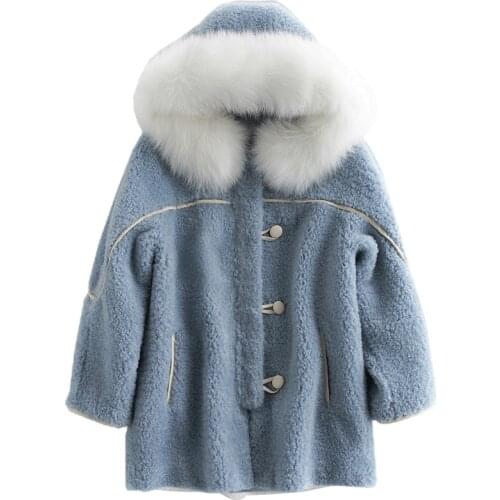 High-Quality 2021 Winter New Sheep Shearing Coat Female Natural Fox Fur Collar Granular Suede Fur One Leather Grass Overcoat