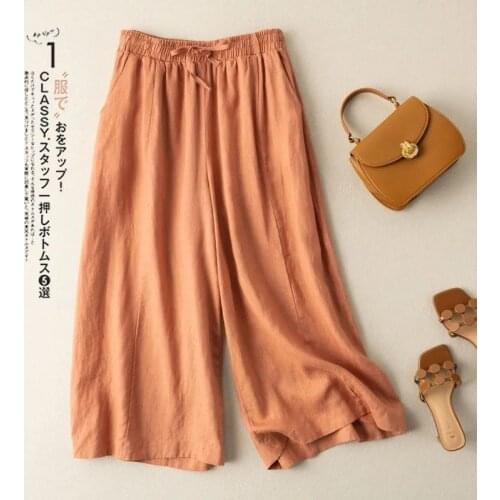 2021 New Arrival Summer Women High Quality Cotton Linen Calf-length Pants Casual Loose Elastic Waist Wide Leg Pants W560