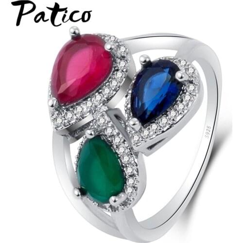 New Fashion Rings for Women 925 Sterling Silver Water Drop Wedding Rings Female Blue/Red/Green CZ Crystals Twisted Rings