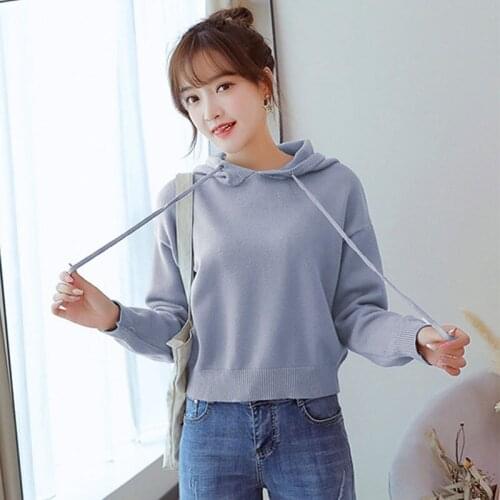 Women Long Sleeve Hoodies Hooded Knitted Solid Color Short Sweatshirt Top Female Short Sweatshirts