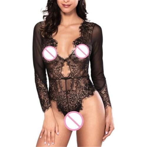 Women Sexy Lingerie Bodysuits Lace Long Sleeve V-neck See Throug Solid Nightwear Babydoll Sleepwear Teddies One Piece Swimsuit