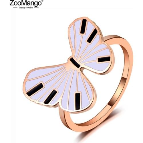 ZooMango Trendy Titanium Steel Painting Glaze Butterfly Ring Jewelry Bohemia Rose Gold Animal Holiday Rings For Women ZR19146