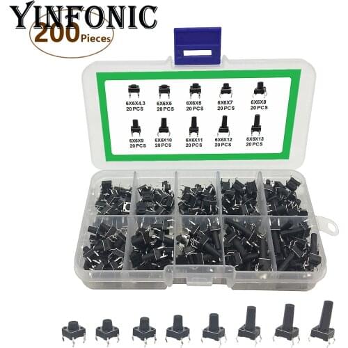 10values x20pcs 6X6X4.3-13Hmm 4-pin DIP Tact Switch microswitch kit box