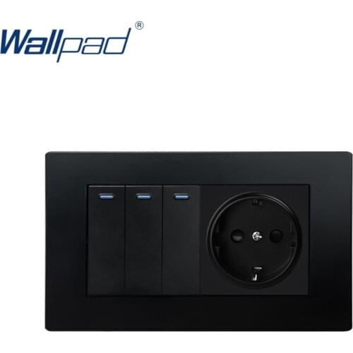 3 Gang 2 Way With EU German Socket Wallpad Luxury Wall Light Switch Rocker Switch 16A AC110~250V Black PC Panel