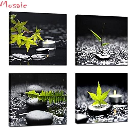 5d Diy Diamond Painting Cross Stitch 4pcs Black and White Zen Stone Green Leaf Diamond Embroidery Full Square Diamond Mosaic