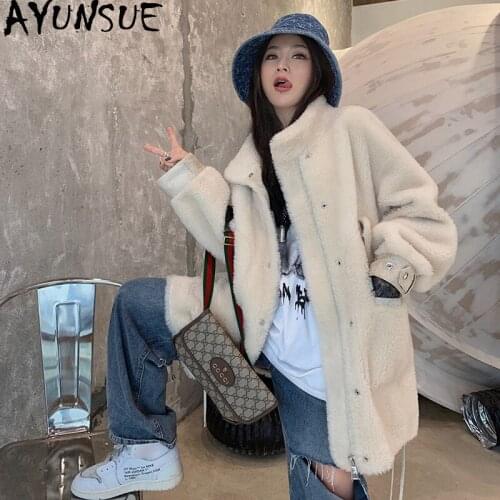 AYUNSUE Real Sheep Shearling Fur Coat 2020 Winter Jacket Women 100% Wool Coat Female Leopard Suede Liner Korean Jackets MY3518