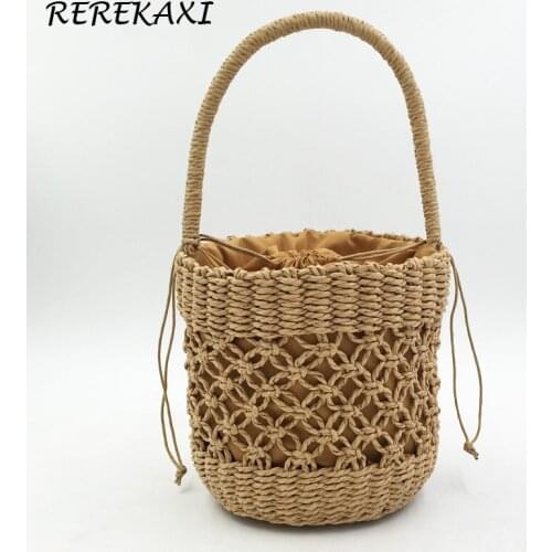 Hollow Women Handbag Summer Woven Bucket Beach Bag Handmade Female Straw Bags Bohemian Tote Knitting Top-handle Mesh Bag Basket