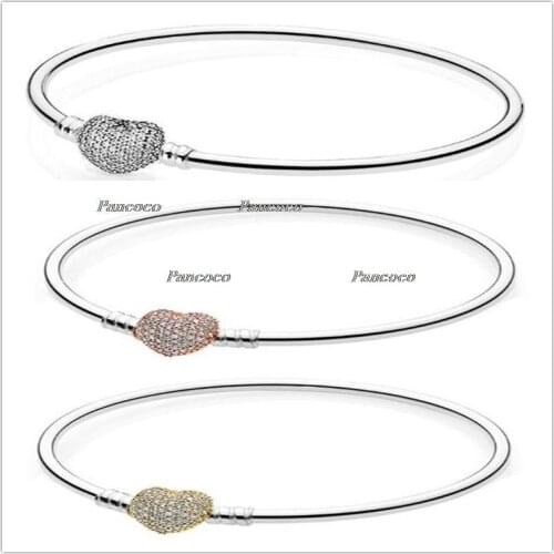 925 Sterling Silver Bangle Moments Pave Heart Clasp With Crystal Bracelet Bangle Fit Bead Charm Pandora Jewelry