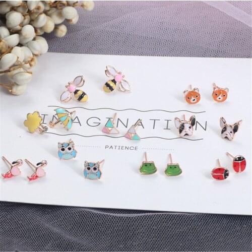 CRLEY Mini Animal Stud Earrings Red Frog Bee Owl Umbrella Red Ladybug Puppy Earring Girls Fashion Jewelry Gifts Drop Shipping