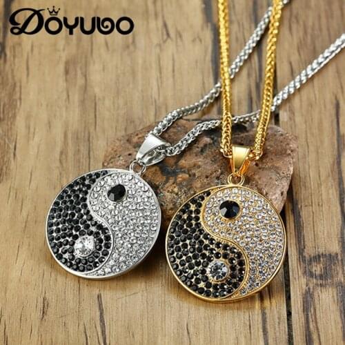 DOYUBO Chinese Style Stainless Steel Yin-Yang Eight Diagrams Inserted Drill Pendant Necklace Tai Chi Charms Chains Jewelry DC248