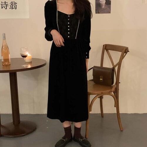 French Elegant Women Dresses Korean Square Collar Chic Lace Patchwork Long Sleeve Dress Autumn Winter Vestidos One-Piece Dresses