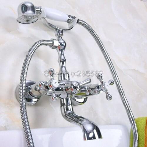Chrome Wall Mounted Clawfoot Bathtub Faucet Set with Handheld Shower Mixer Taps llna187