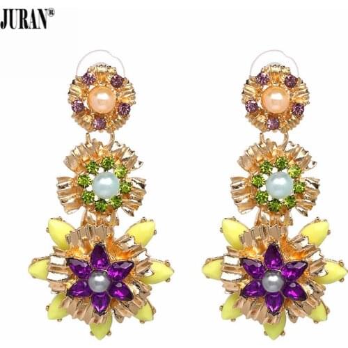 JURAN Luxury Flower Long Crystal Statement Earrings Charm Bridal Women Maxi Dangle Earrings Hot Brand Bohemian Fashion Jewelry